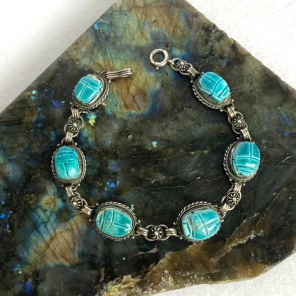 VTG Sterling Silver 925 Faience Glazed Ceramic Blue Scarab Link Bracelet 7" - Picture 2 of 16